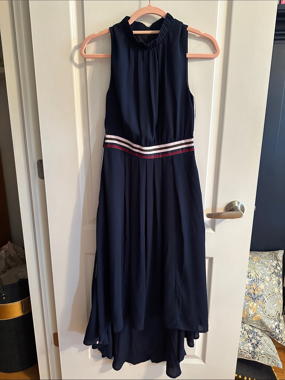 Ted Baker asymmetrical navy dress with stripes